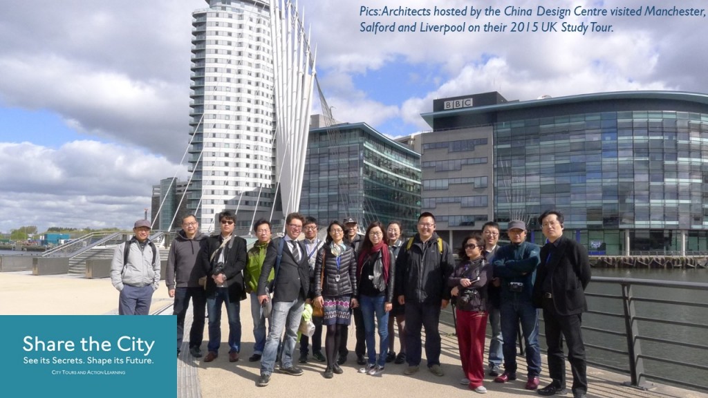 Pic shows a large international group enjoying one of Share the City's Manchester tours and Liverpool tours, directed by professional planning and location experts