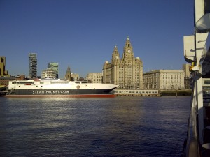 Liverpool's Pier Head with the Isle of Man 'Sea Cat' ferry moored alongside.
