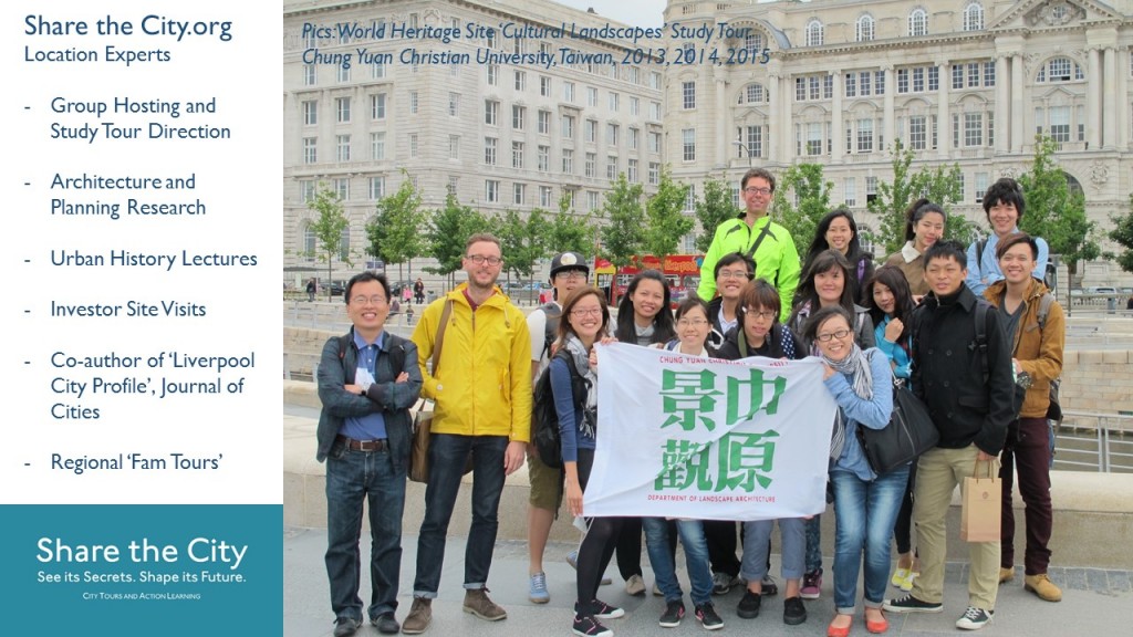 Liverpool's World Heritage Site Pier Head with students from Chung Yuan Christian University, Taiwan